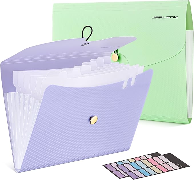 JARLINK 7 Pockets Expanding File Folder, A4 Accordion folders, Purple&Green | Accordion File Folders with 12 Labels, Portable Document Organizer for Home, College, School, and Office Supplies