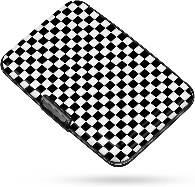 Credit Card Holder, Black and White Checkered, Mini Aluminum Wallet | RFID Blocking, Slim Design, Metal Business ID Case, For Women Men