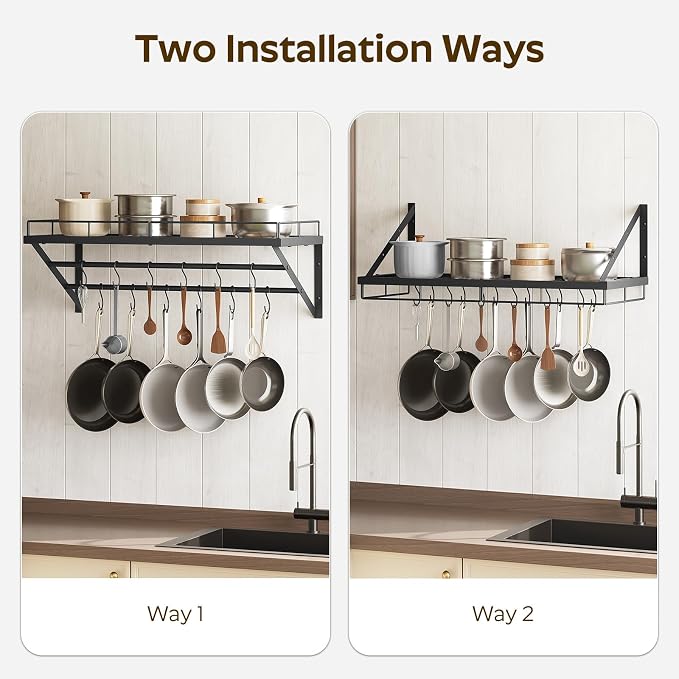 YATINEY Pot Rack, 30 Inch Wall Mounted Pot Rack, Kitchen Pot and Pan Organizer with 2 Tier Hanging Rails, 12 S-Hooks, Space Saving, for Kitchen Cookware Organizer, Black PR02BK