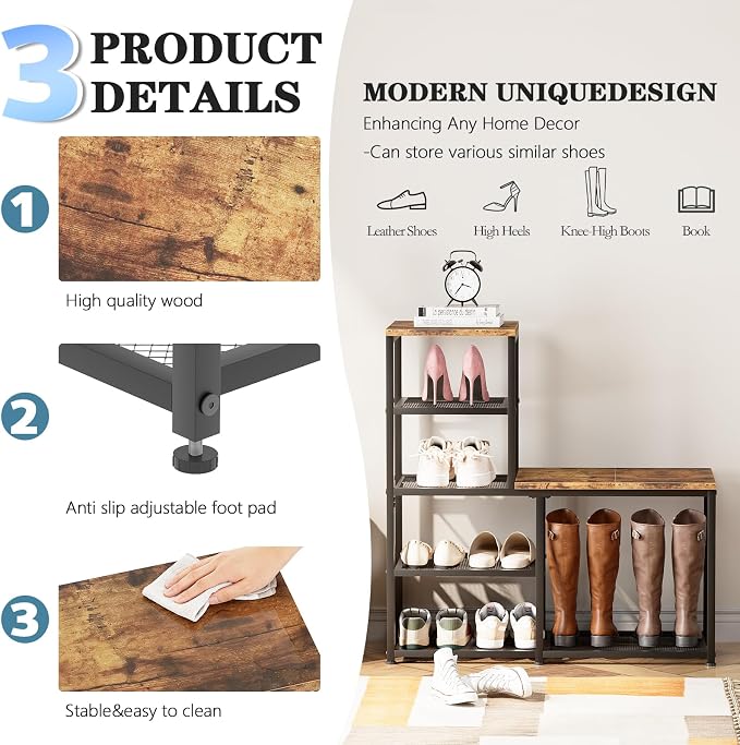 Shoe Rack Bench for Entryway,Free Standing Shoe Storage Organizer for Front Door Entrance,4-Tier Boot Rack Holder Shelf for Closet with Seat,Sturdy Shoe Shelves for High Heels(Brown)