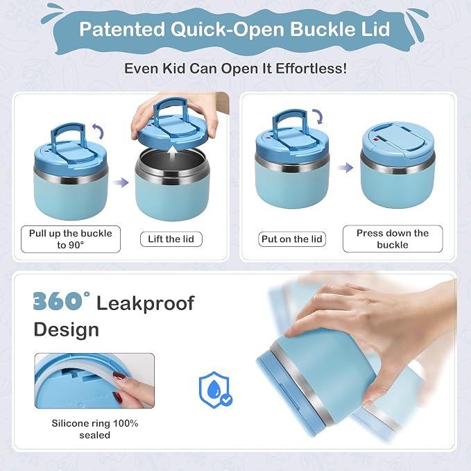 MAXSO 14oz Vacuum Insulated Food Jar with Spoon Buckle Lid, Kids Soup Thermo for Hot Food Wide Mouth Leakproof Stainless Steel Lunch Container - Sky Blue