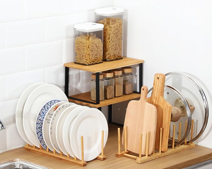 Marsui 4 Pcs Kitchen Organizer Accessories Set for Cabinet,Light Color | Cabinet Organizer Shelves, Bamboo Dish Drying Plate Rack, Wooden Counter Storage Holder, for Spice Dish Pot Lid Bowl Cup