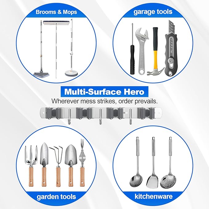 Broom Holder Wall Mount Mop Organizer, 4 Racks 3 Hooks, 2 Pack | Premium Stainless Steel Broom Hanger for Durable Rustproof Tool Rack Storage in Home, Kitchen, Garden, Laundry, Garage