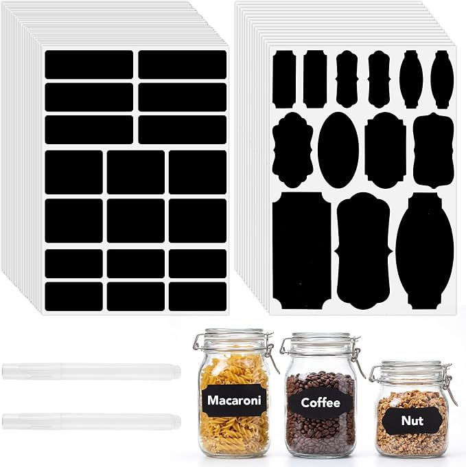 465 Chalkboard Labels for Jars and Containers with 2 White Chalk Markers | Waterproof, Reusable Labels In Assorted Sizes And Shapes; Sticks To Glass, Plastic, Metal, Wood, And Ceramic