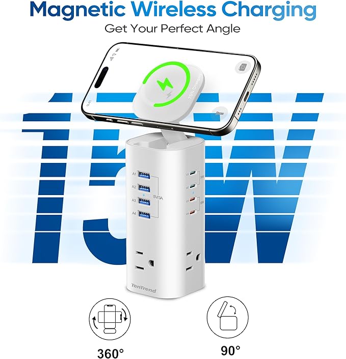 115W Fast Charging Station, TenTrend Power Strip Tower, 5FT Extension Cord | Charging Tower with 3AC Outlets & 8 USB Ports(4 USB-C), Foldable 15W Charging, Dorm, Office Desk Supplies