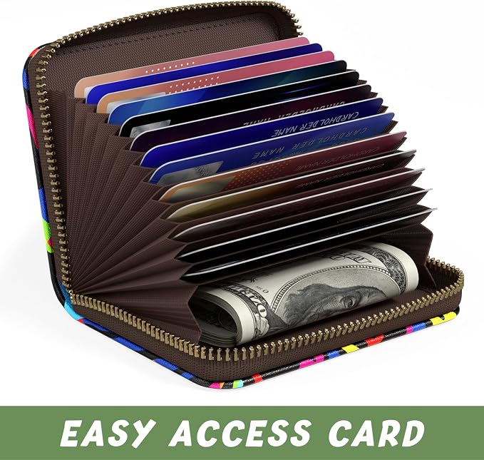 Aiawoxc Credit Card Holder, Small RFID Wallet Slim Leather Card Organizer Case with Zipper and Keychain, Abstract Rainbow Art