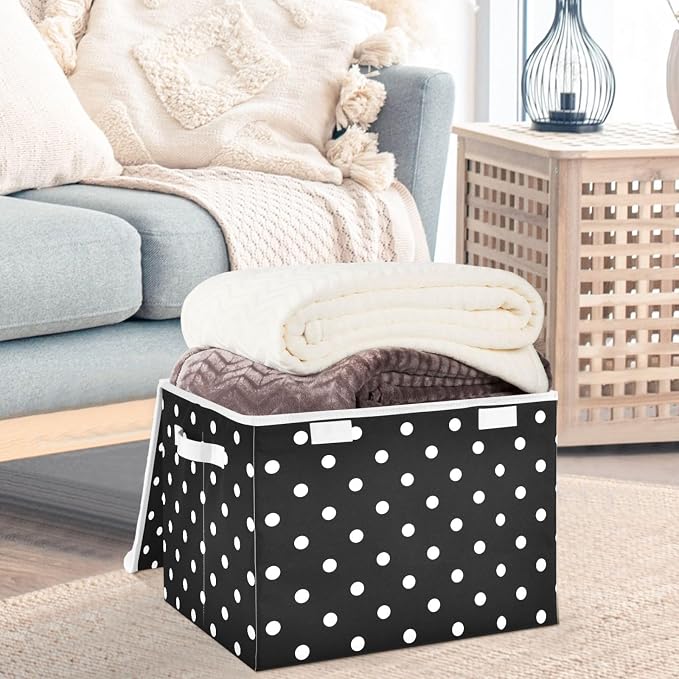 CaTaKu Polka Dot Storage Bins with Lids,White and Black Fabric Large Storage Container Cube Basket with Handle Decorative Storage Boxes for Organizing Clothes Shelves