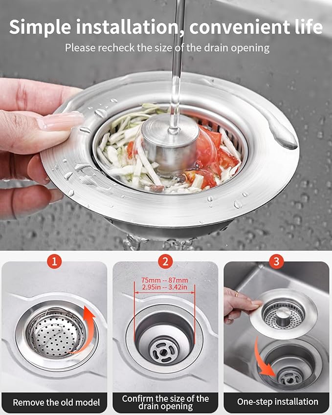 3 in 1 Kitchen Sink Drain Strainer [304 Stainless Steel Pop Up] Anti-Clogging Kitchen Sink Drain Stopper Stainless Steel Drainage Odor Filter Sink Plug for Us Standard 3-1/2 Inch (2 Pack)