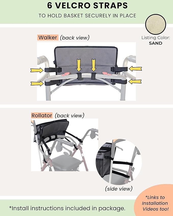 Walker Basket for Folding Walker with Flip-Down Walker Tray | Handy Cane/Reacher Strap & Cup Holder | Walker Bags for Folding Walker with Wheels, Organizer for Walker Accessories for Walker Caddy-SAND