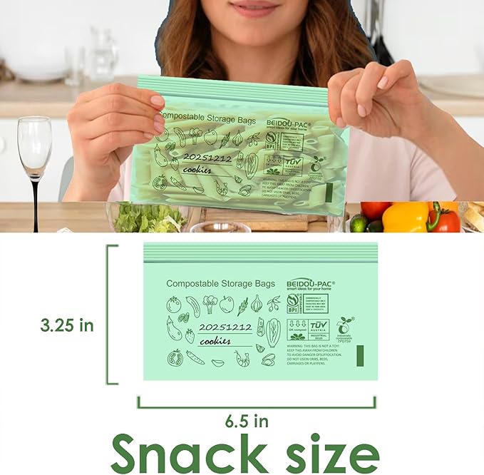 BEIDOU-PAC Compostable Snack Storage Zip Bags, 300 Count | 2 Mil | 6.5 IN x 3.25 IN, Freshness Easy Open Biodegradable Eco-Friendly Reclosable Compost zipper Bags for Food On the Go