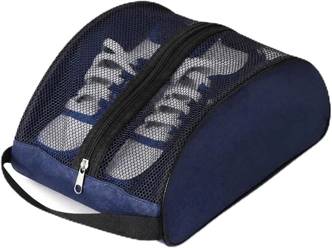 Golf Shoe Bag with Full Top Mesh Ventilation, Zippered Sports Shoe Carrier for Travel, Fits up to Size 13 Men Women (Navy)