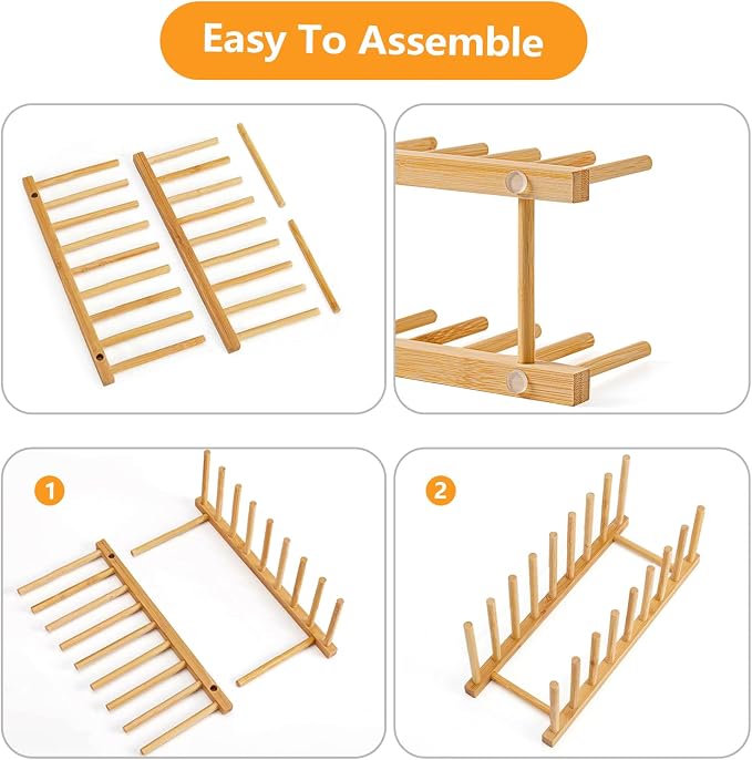 HBlife 2 Packs Heighten and Widen Bamboo Dish Drying Rack Plate Organizer | Plate Bowl Cup Book Pot Lid Cutting Board Stand, Drainer Storage Holder Organizer, For Kitchen Cabinet, 8 Slots