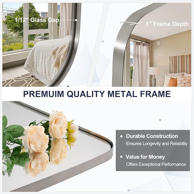 ANDY STAR Brushed Nickel Bathroom Mirror, 24x24 Oblong Mirror with Stainless Steel Metal Frame, Silver Vanity Mirror for Over Sink, Modern Anti Rust Wall Mounted