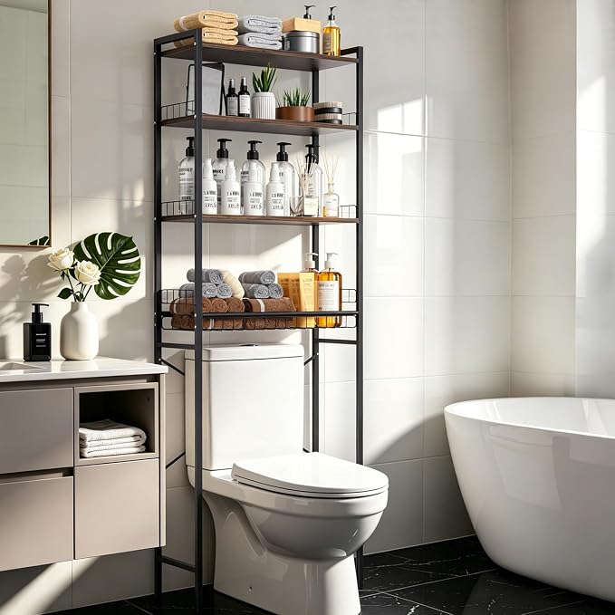 Over The Toilet Storage Rack 4-Tier Freestanding Bathroom Organizer Shelf Over Toilet with Adjustable Shelf & Basket, Space-Saving for Small Spaces, Rustic Brown