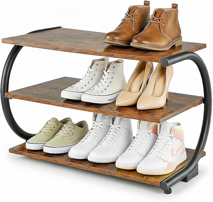 Shoe Rack for Entryway, C-Shaped 3-Tier 26” Wide Wood Shoe Storage | Space Saving Shoe Organizer, Wooden Shelves, Curved Metal Frame, Adjustable Feet, for Front Door Entrance, Closet, Hallway