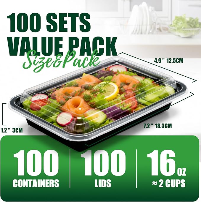 100 Pack (200-Piece) 16oz Meal Prep Containers with Lids Reusable Food Containers Leakproof & Microwave, Freezer, Dishwasher Safe Durable Plastic Storage Containers Bento Box for To Go Take Out Black