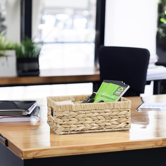 Wicker Baskets, Baskets for Organizing, Rattan Woven Basket for Storage, Organizer Bins with Built-in Handles, Storage Basket for Shelves (Water Hyacinth, Small)