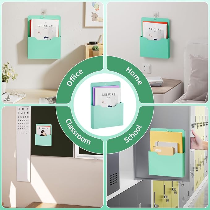 Marbrasse 2 Pack Magnetic File Holder - Paper Holder, Pocket Organizer,Hanging Wall File Organizer Office Supplies Storage, Magazine Mail Case for Notebooks,Planners,Letter (Green)