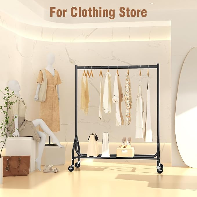 EAGMAK Heavy Duty Clothes Rack Load 420 LBS, 47.2" Long Rolling Garment Rack with Lockable Wheels, Standing Metal Clothing Hanger, Portable Wardrobe Sturdy Coat Organizer for Hanging Clothes (Black)
