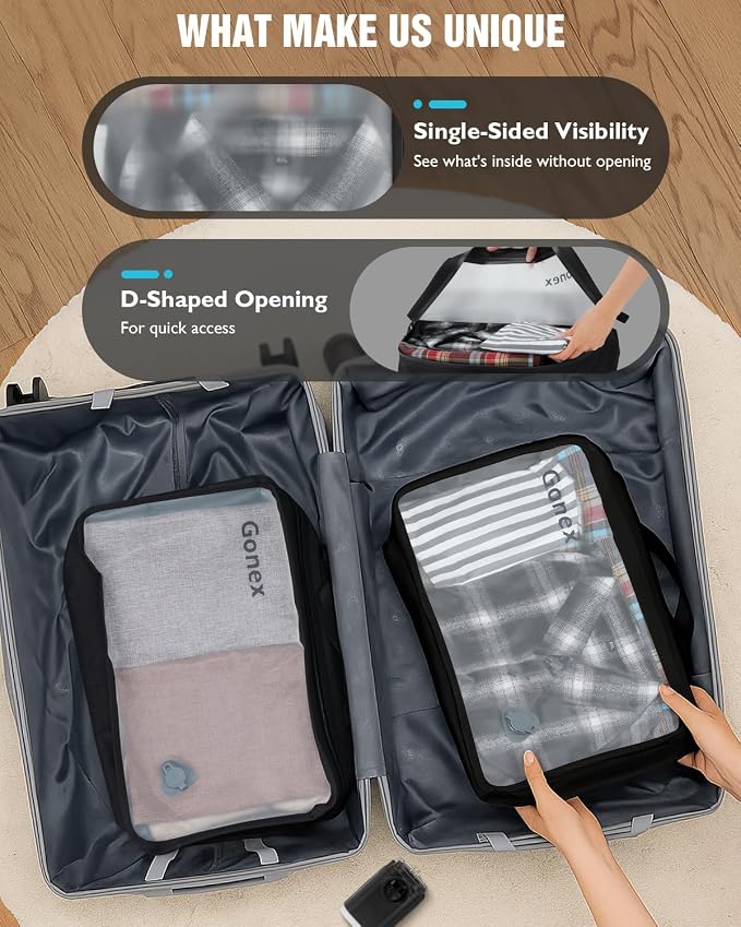 Gonex Vacuum Travel Bags with Pump, Reusable, 2-Pack | Transparent Window, Waterproof TPU, Wide Opening, Built-in Handle, Airtight Valve, Carry-on Compatible