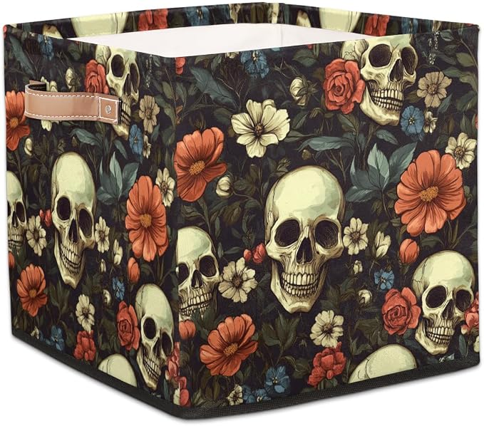 TropicalLife Floral Skull Storage Cube, 13 Inch Fabric Cube Storage Organizer Bin for Shelves Clothes, Decorative Foldable Storage Boxes
