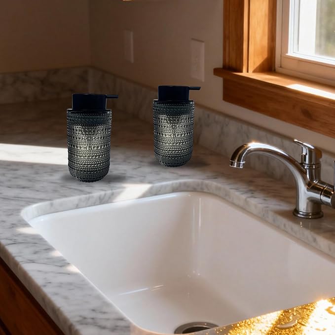 Foaming Soap Dispenser, Refillable Clear Glass Pump Bottle, 13.5 Fl Oz Vintage Foam Dispenser with Black Pump, Multi-Use for Bathroom Kitchen Hand Soap & Lotion, Modern Home Decor (Grey)