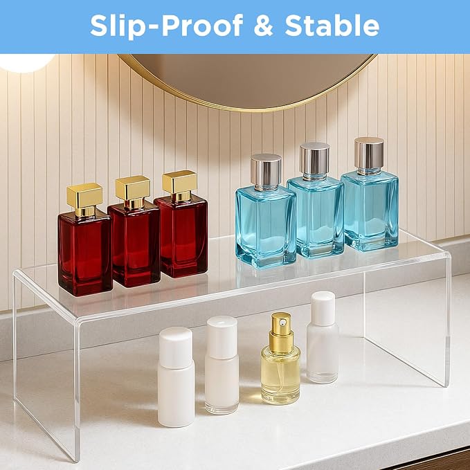 4 Pack Large Acrylic Risers – Clear Display Shelf Organizer for Kitchen, Countertop, Spices, Perfume, Cupcakes (12.4” x 4” x 4.6”) – Non-Slip & Durable