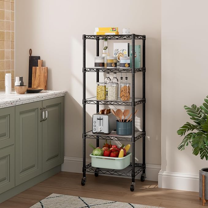 Golpart Small Shelves Storage Wire Metal Adjustable Shelf Unit with Wheels | 5 tier Shelving Organizers Storage Shelving for Bathroom Laundry Room Kitchen Pantry 11.7”D x 17.7”W x 57.2”H Black