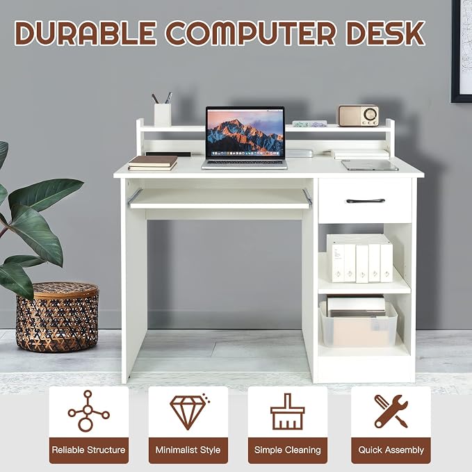 COSTWAY Computer Desk with Hutch, Home Office Desk with Drawer, Adjustable Shelf & Keyboard Tray, Study Writing Desk, Executive Workstation for Living Room, Bedroom & Study (White)