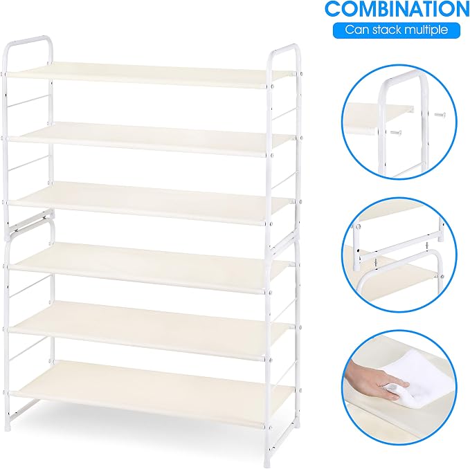 Simple Trending 3-Tier Stackable Shoe Rack, Expandable & Adjustable Fabric Shoe Shelf Storage Organizer, White