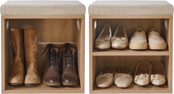 YMYNY Small Shoe Storage Bench with Cushion, Light Natural, HBD028R | 2 Tier Entryway Bench with Storage, Small Shoe Rack Bench with Adjustable Shelf for Entryway 11 x 15.3 x 16.5 Inches