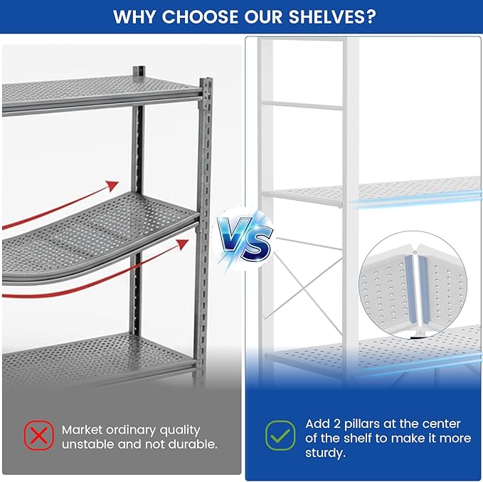 ALANNG 40" W Foldable 5-Tier Storage Shelves on Wheels Adjustable | Removable Metal Rack, Heavy Duty Rolling Organizer for Kitchen, Garage, Closet, Pantry, and Office (White,2 Pack)