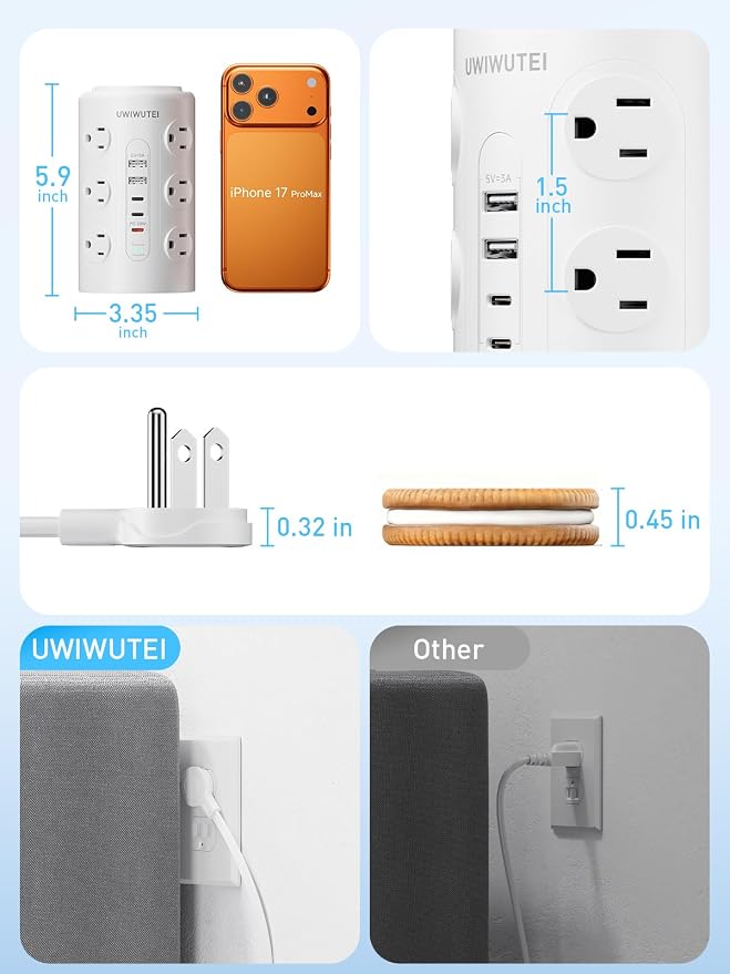 Tower Power Strip with 1 Dedicated PD 20W Fast-Charging Port, 12 Outlets, 5 USB Ports (3 USB-C), Desk Charging Station for Multiple Devices,10FT Extension Cord, Home Office Essentials