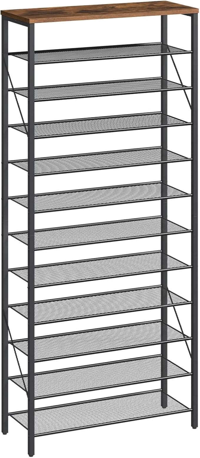 MAHANCRIS 12 Tier Shoe Rack, Shoe Storage Organizer, Holds 44-48 Pairs | Tall Metal Shoe Rack Space Saving, Sturdy and Stable, Vertical Shoe Rack for Entryway, Hallway, Dorm Room, Rustic Brown