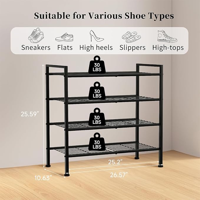 4-Tier Shoe Rack,Metal Simple Narrow Shoe Storage | Organizer Shelf for Closet,Entryway, Bedroom,Garage (Black, 4 Tier)