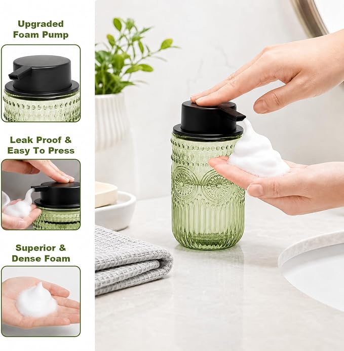Foam Hand Soap Dispenser Glass, Green Foaming Hand Soap Dispenser | Reusable Foam Soap Dispenser with Black Foam Pump for Bathroom, Kitchen Decor,13.8 oz Large Capacity