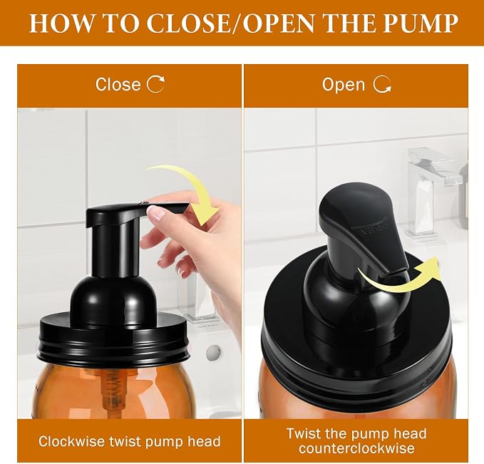 Amolliar Plastic Mason Jar Foaming Soap Dispenser Pump Lid, 16oz Foam Soap Dispenser with Cute Lables - Amber Refillable Hand Soap Dispenser for Bathroom Kitchen Shower (2 Pack, Black)