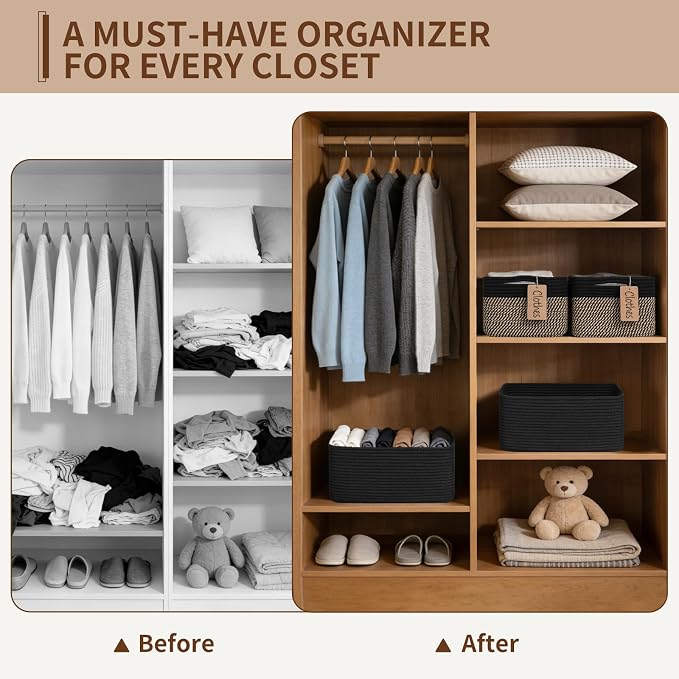 Goodpick 4 Pack Storage Baskets for Shelves, Rectangle Cotton Rope Baskets for Organizing, Closet Storage Bins for Baby Toys, Decorative Woven Basket with Handles, 13''L x 8''W x 6''H, Black