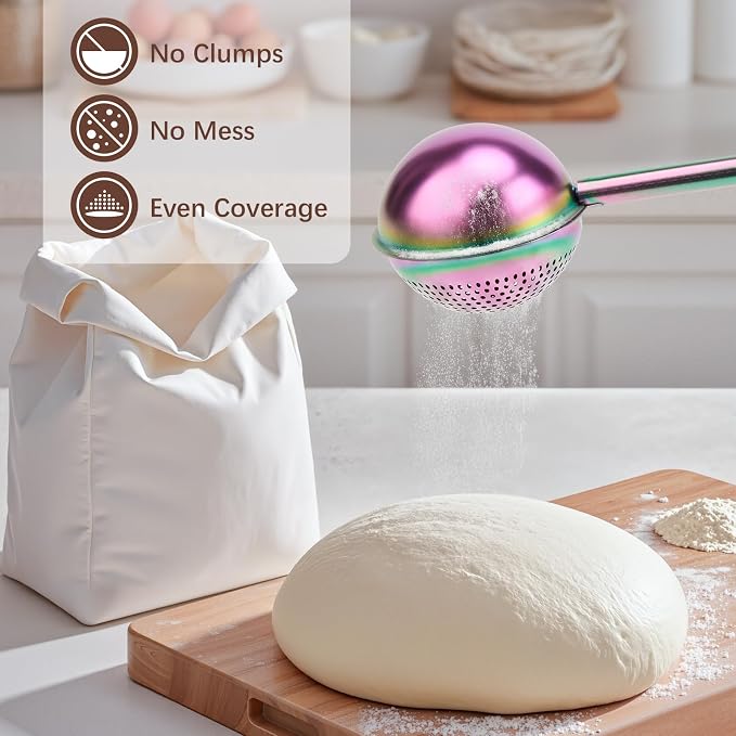 HULISEN Flour Duster, 304 Stainless Steel Flour Sifter for Baking, Rainbow | Spring-Press Handle, Dishwasher Safe, For Flour, Powdered Sugar, Fine Spices, Pick Up and Dust Flour Sifter, Gift Package