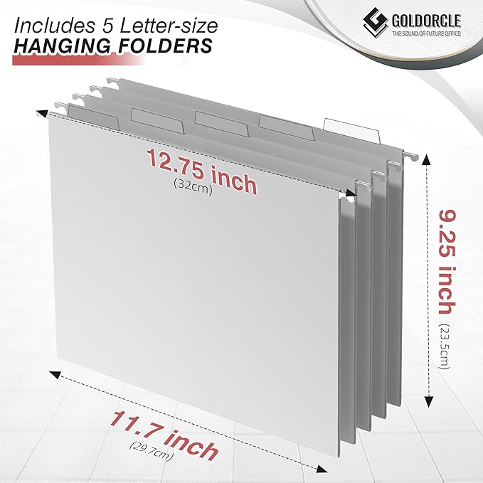 Hanging File Organizer, Letter-Size File Holder Filing Box with 5 Hanging Folders, Metal Mesh Desk File Folder Storage(No Assembly Required) (Pink, with 5 Grey Folders)