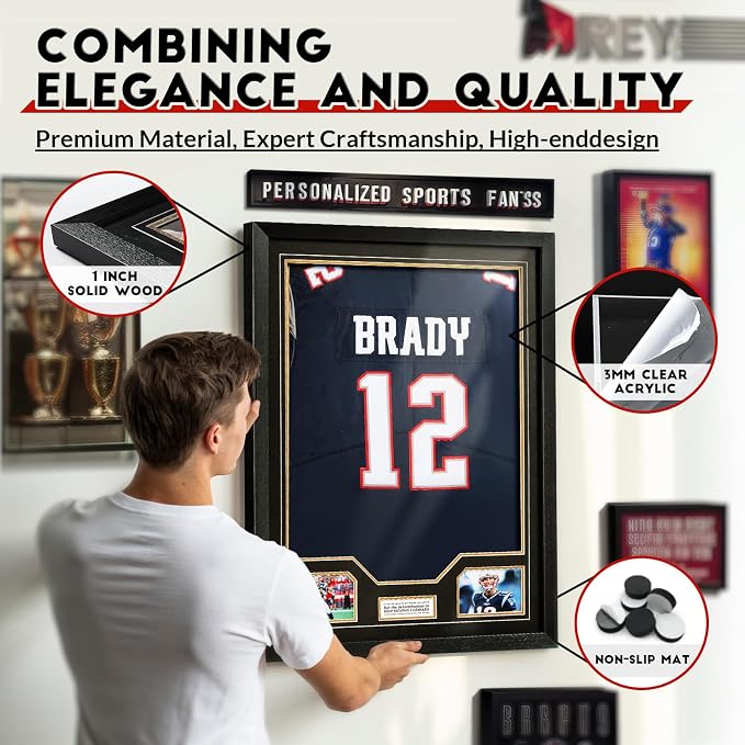 JupDec Jersey Frame Display Case 3 Pack, Large Clear Acrylic Shadow Box with UV Protection for Basketball Baseball Football Soccer Hockey Shirt, Wall Mount Wooden Showcase, Idea Gift for Sports Fans