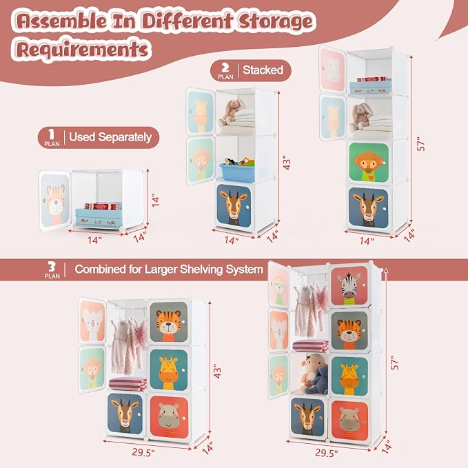 Costzon Kids Closet, Cartoon DIY Modular Dresser Storage Organizer with 8 Cubes & Clothes Hanging Rack, Portable Armoire for Baby Toddlers, Kids Wardrobe for Bedroom Nursery, White