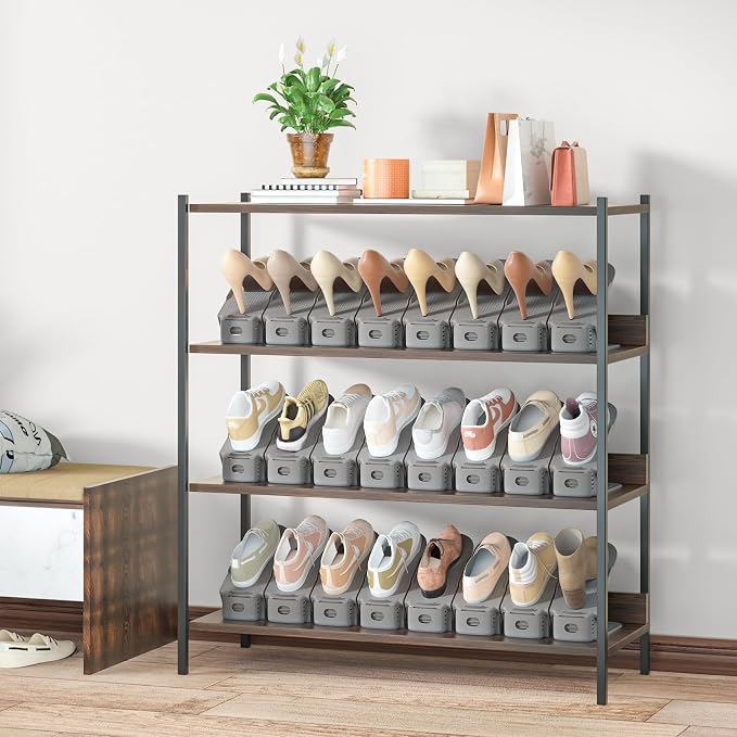 Neprock Shoe Slots Organizer, 20 Pack Adjustable Shoe Rack Stacker Storage Space Saver, Double Deck Shoe Rack Holder for Closet Organization (Grey)