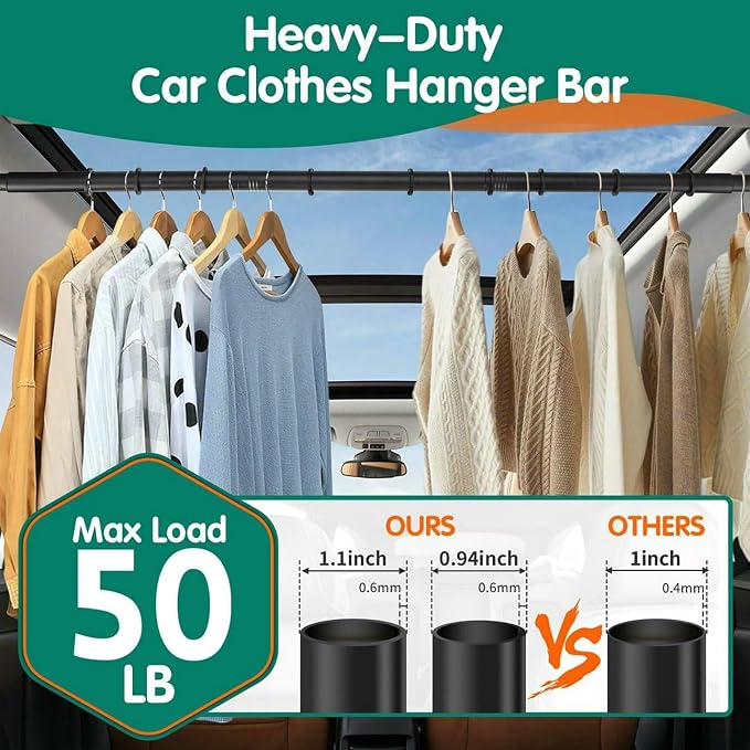 Car Clothes Hanger Bar 30-62 Inch Wrinkle-Free Garment Rack for Vehicles | Heavy-Duty Adjustable Car Clothes Rod with Anti-Slip for SUV, Truck & Sedan, Keeps Clothes Neat for Travel and Business Trips
