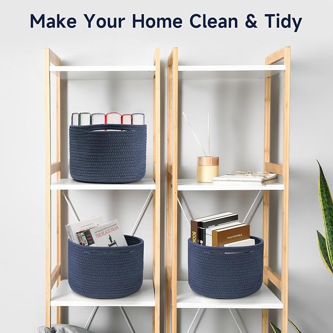 Small Rope Baskets for Storage, Baskets for Gifts Empty, Cute Round Woven Baskets, Decorative Shelf Basket 9.82×9.82×7.1", Cotton Toy Basket Storage Bins for Organizer 3 Packs Navy Blue
