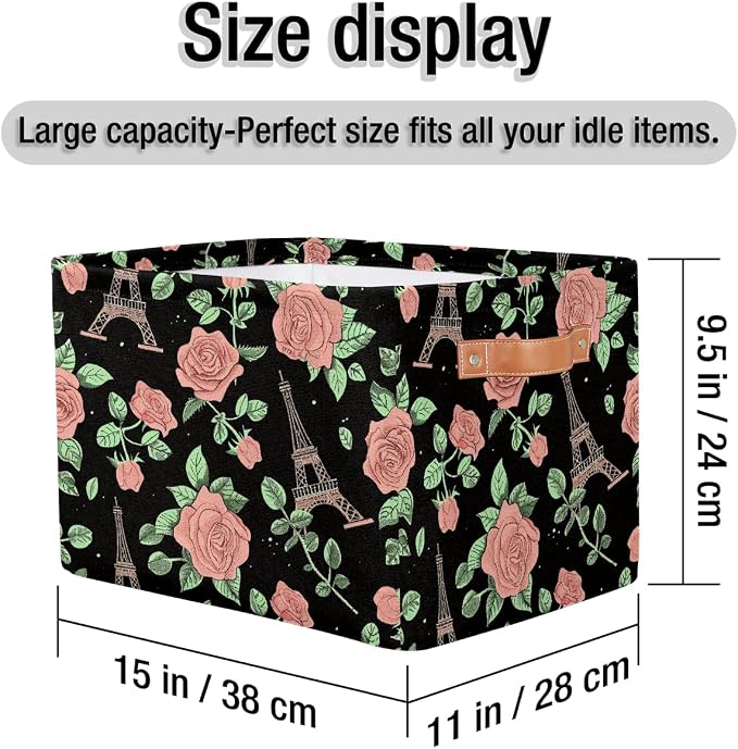 Rectangular Storage Bins Pink Rose Eiffel Tower Pattern Collapsible Fabric Storage Basket Organizer with Handles for Nursery Bedroom Bathroom