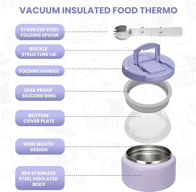 Itslife Soup Thermo for Hot Food Kids 25.5oz Lunch Containers with Buckle Lid Wide Mouth Hot Food Jar Vacuum Insulated Stainless Steel Bento Box Leakproof with Spoon (Purple3, 13.5oz)