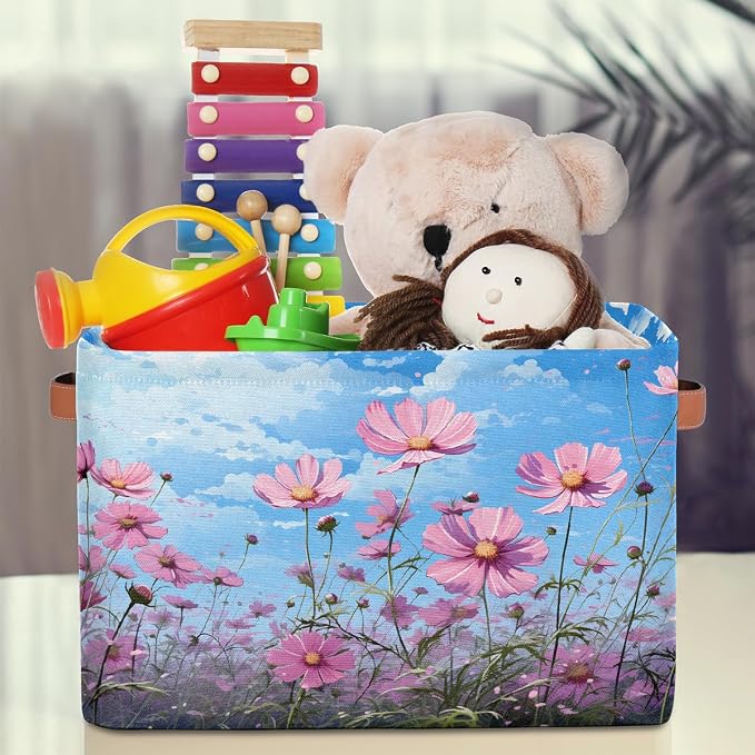 Rectangular Storage Baskets Beautiful Pink Flowers Fabric Storage Bin Toy Organizer Box with PU Leather Handles for Room Decor