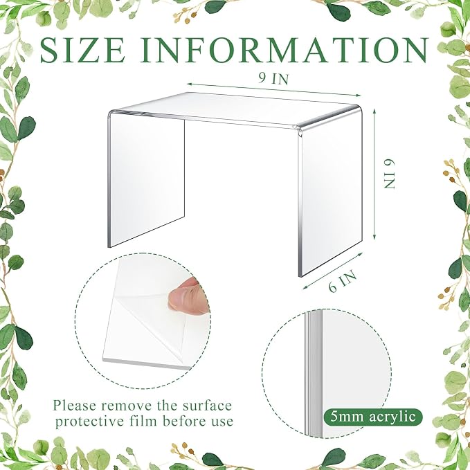 RattanView 2 Pcs 9 x 6 x 6 Inch Large Acrylic Risers Display Stands 5 mm Thick Acrylic Shelf Riser Showcase for Bookshelf Collectibles Jewelry Cupcakes Food Figures Perfume Cabinet (Clear)