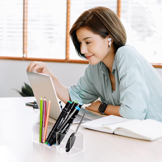 Epakh 2 Pcs Acrylic Cube Organizer 3 Compartments Makeup Pen Holder | Clear Transparent Color, Drawer Brush Organizer, Back to School Supplies, Mini Acrylic Cubes, Desk Office Vanity
